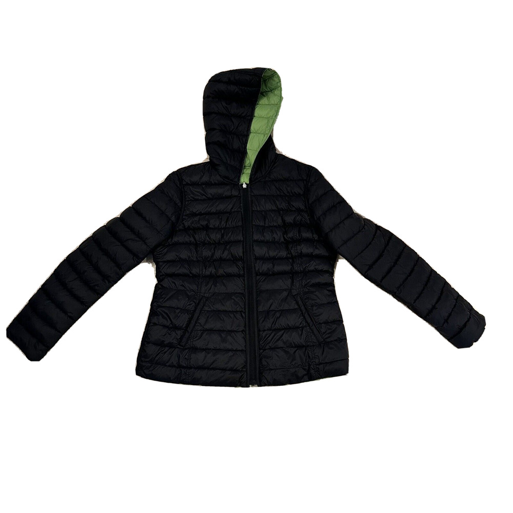 Nautica Women Large Reversible Packable Hooded Puffer Jacket Black Green FLAWED